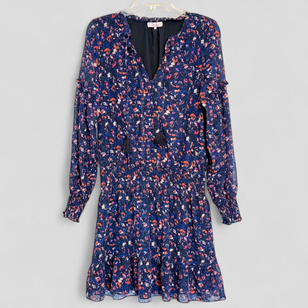 Parker Laura Women's Mini Dress Navy Blue Pink Long Sleeve Tassels Size Med